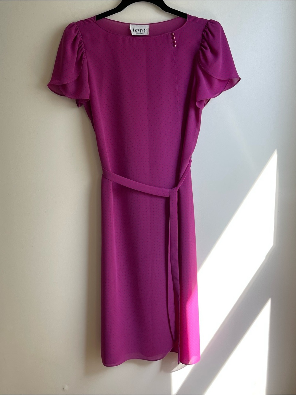 Vintage 70s Jody California Chiffon Dress Fuchsia Pink Blue Belt Pearl Small